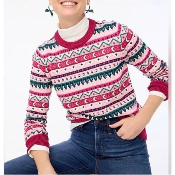 J.Crew Womens Fair Isle Sweater Holiday Crewneck Preppy Pink Green Christmas Med - Picture 3 of 16